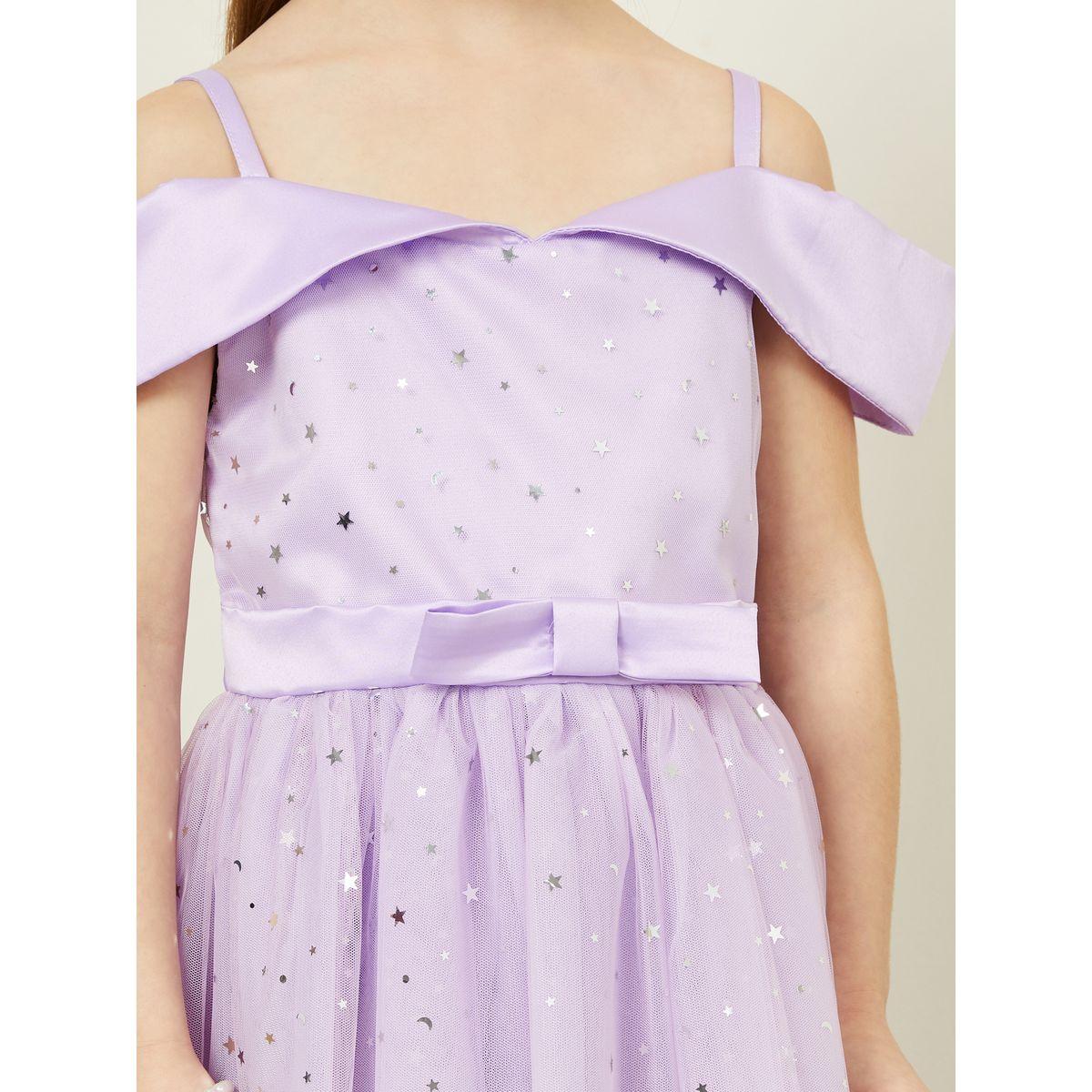 Styli Star Foil Print Cold Shoulder Mesh Insert Skater Dress-girls-clothing-dressesandjumpsuits-image-3