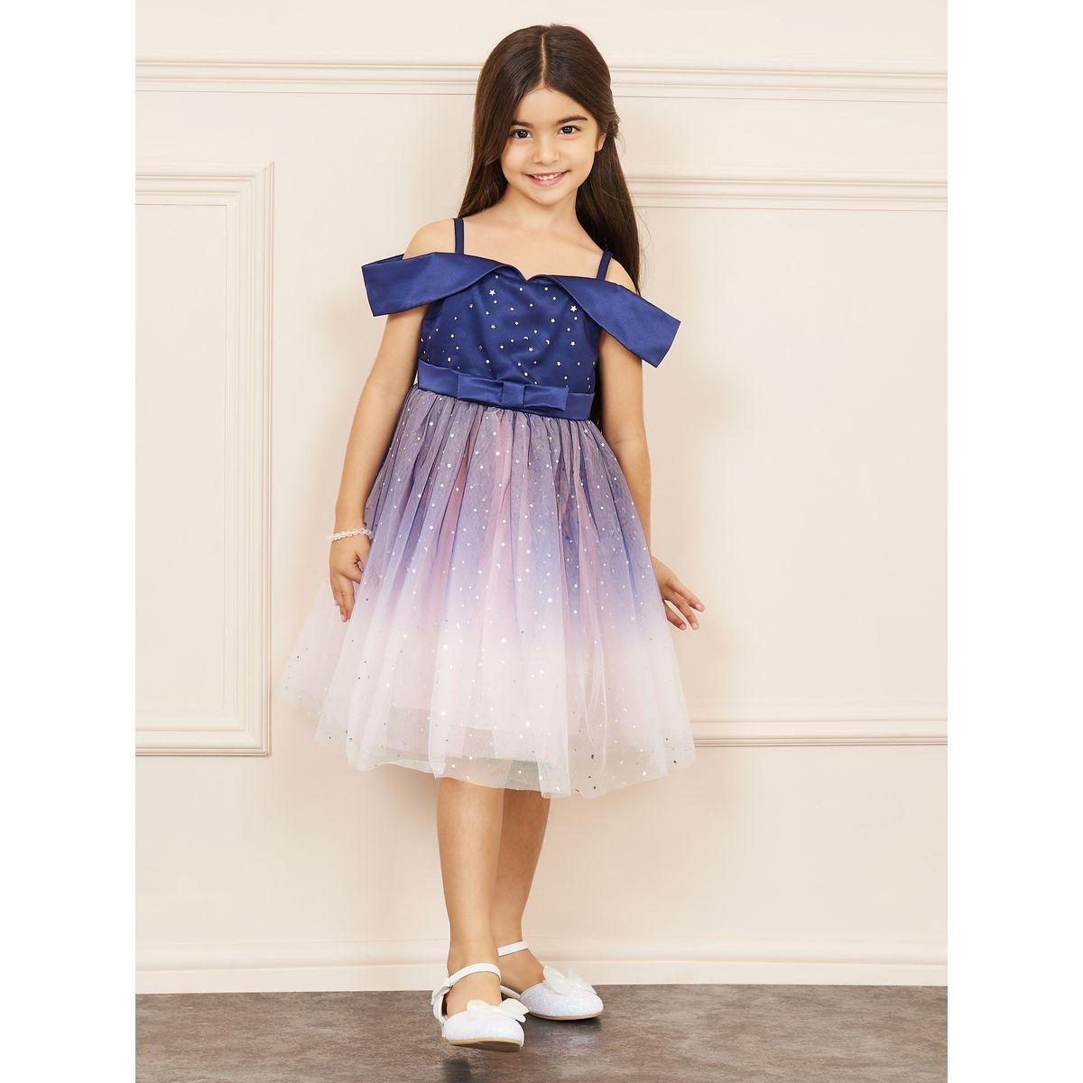 Styli Star Embellished Mesh Insert Cold Shoulder Satin Dress-girls-clothing-dressesandjumpsuits-image-1