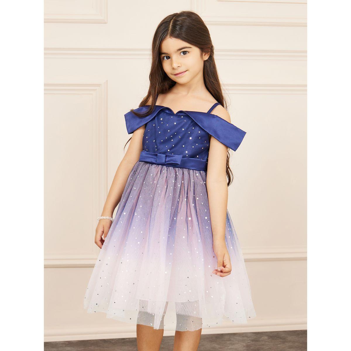 Styli Star Embellished Mesh Insert Cold Shoulder Satin Dress-girls-clothing-dressesandjumpsuits-image-2