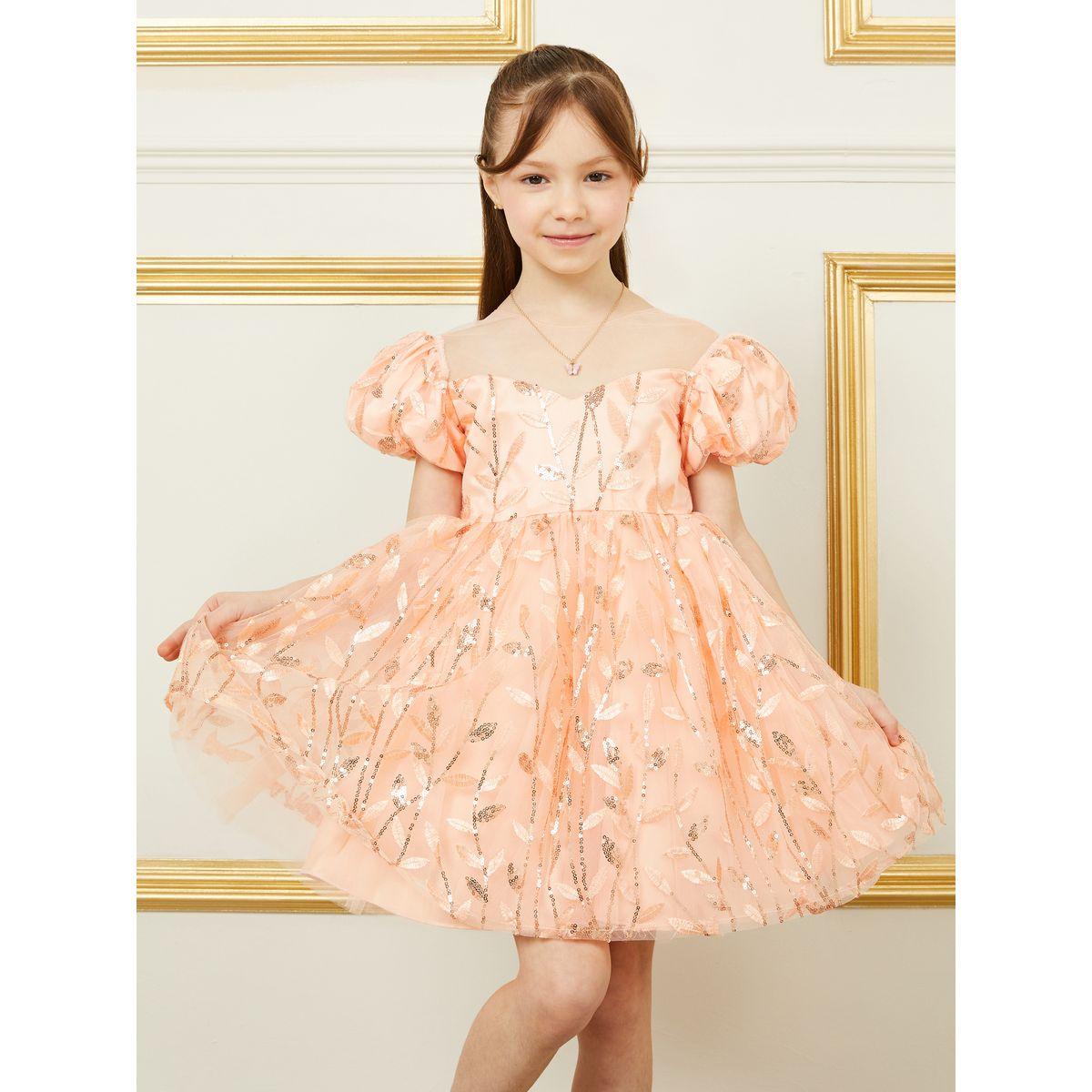 Styli Embroidery Detail Sweetheart Neck Mesh Insert Dress with Puff Sleeves-girls-clothing-dressesandjumpsuits-image-1