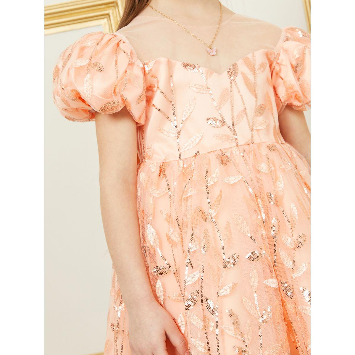 Styli Embroidery Detail Sweetheart Neck Mesh Insert Dress with Puff Sleeves-girls-clothing-dressesandjumpsuits-image-3