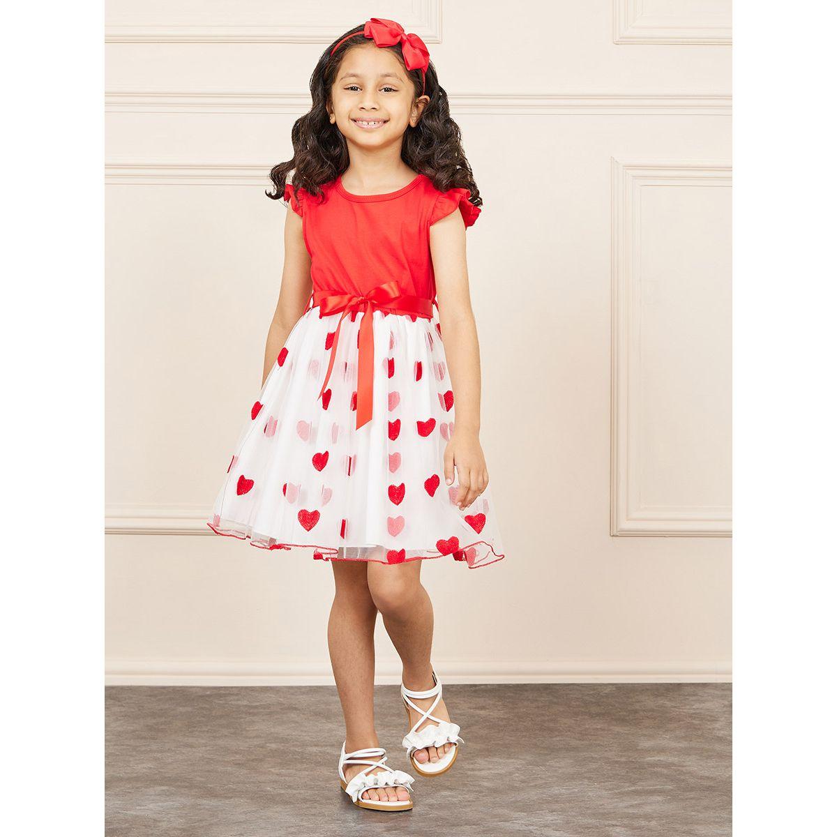 Styli Heart Print Mesh Insert Dress with Tie Up-girls-clothing-dressesandjumpsuits-image-1