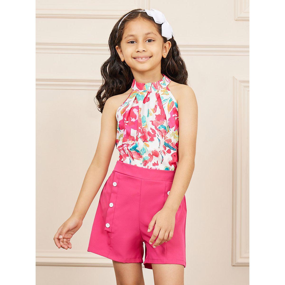 Styli All Over Abstract Print Halter Top & Button Placket Shorts Set-girls-clothing-setsandcoords-image-1