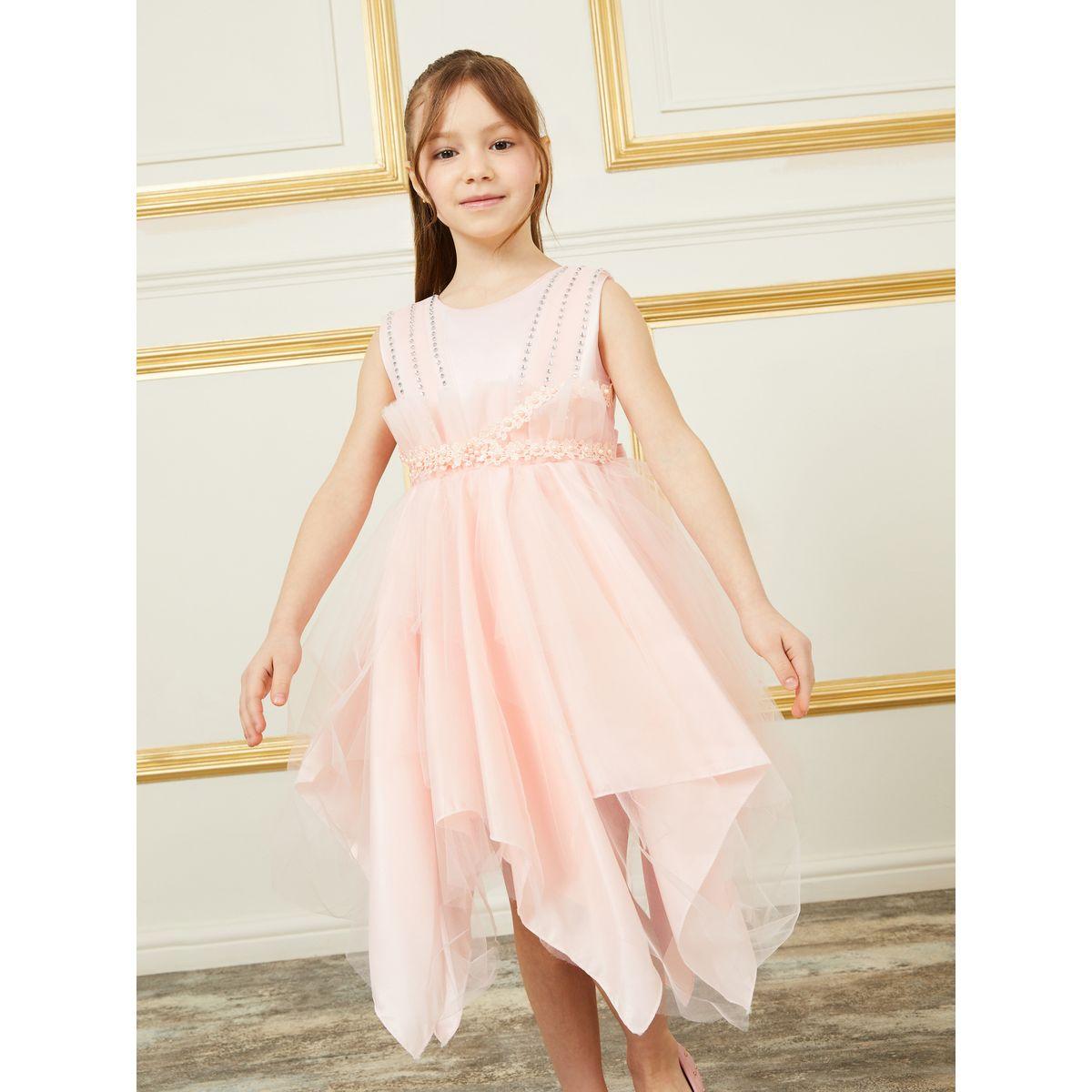 Styli Beaded Waistband Mesh Insert Sleeveless Dress with Asymmetrical Hem-girls-clothing-dressesandjumpsuits-image-2