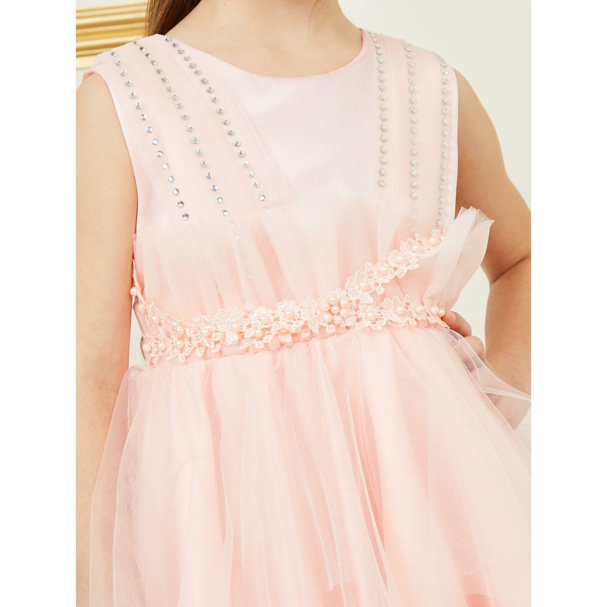 Styli Beaded Waistband Mesh Insert Sleeveless Dress with Asymmetrical Hem-girls-clothing-dressesandjumpsuits-image-3