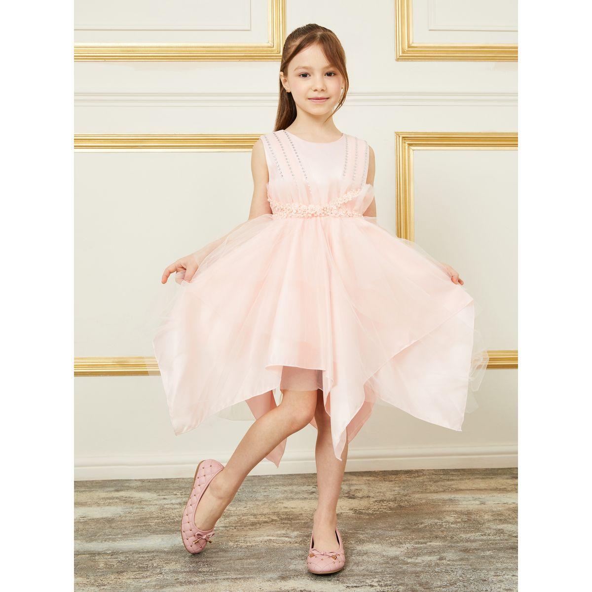 Styli Beaded Waistband Mesh Insert Sleeveless Dress with Asymmetrical Hem-girls-clothing-dressesandjumpsuits-image-5