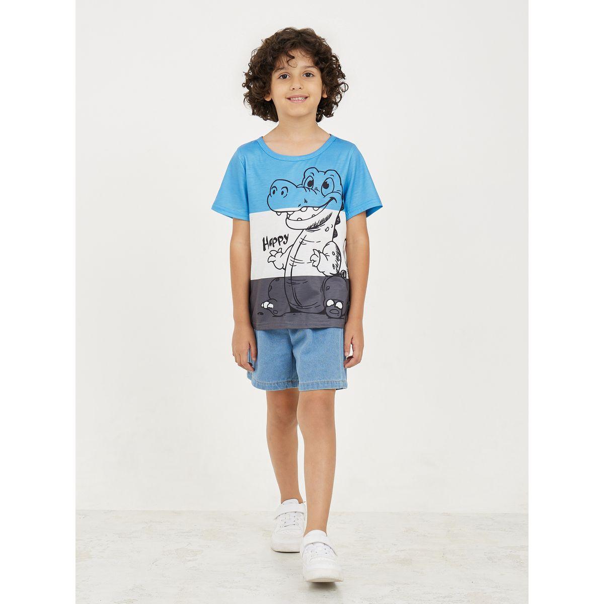 Styli Dinosaur Print Colorblock T-shirt & Denim Short Set-boys-clothing-setsandcoords-image-1