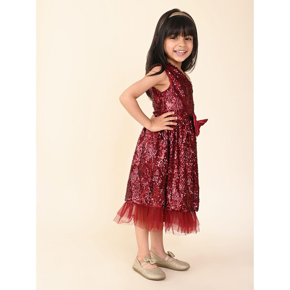 LilPicks X Styli  Sequin Detail Satin Bow One Shoulder Mesh Hem Dress-girls-clothing-dressesandjumpsuits-image-4
