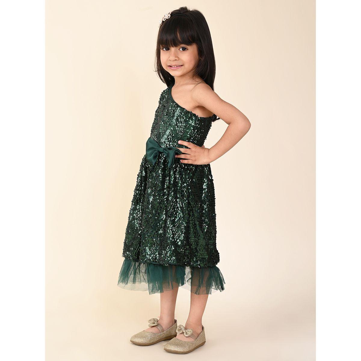 LilPicks X Styli  Sequin Detail Satin Bow One Shoulder Mesh Hem Dress-girls-clothing-dressesandjumpsuits-image-5