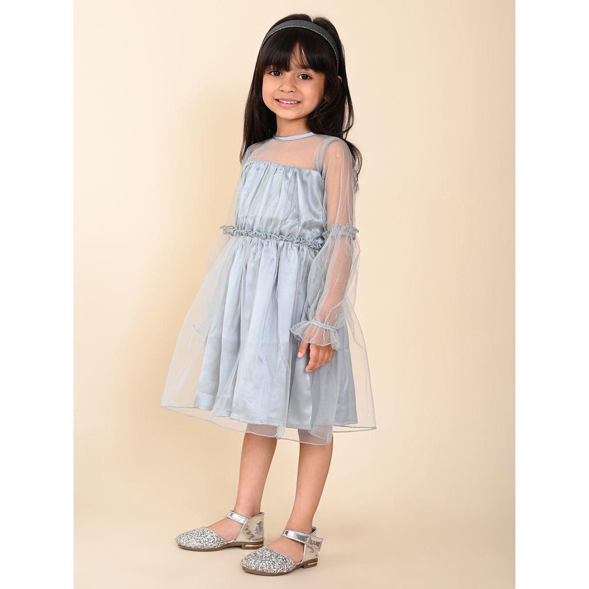 فستان ساتان بكسرات وتفاصيل شبكية ليل بيكس × ستايلي-girls-clothing-dressesandjumpsuits-image-4