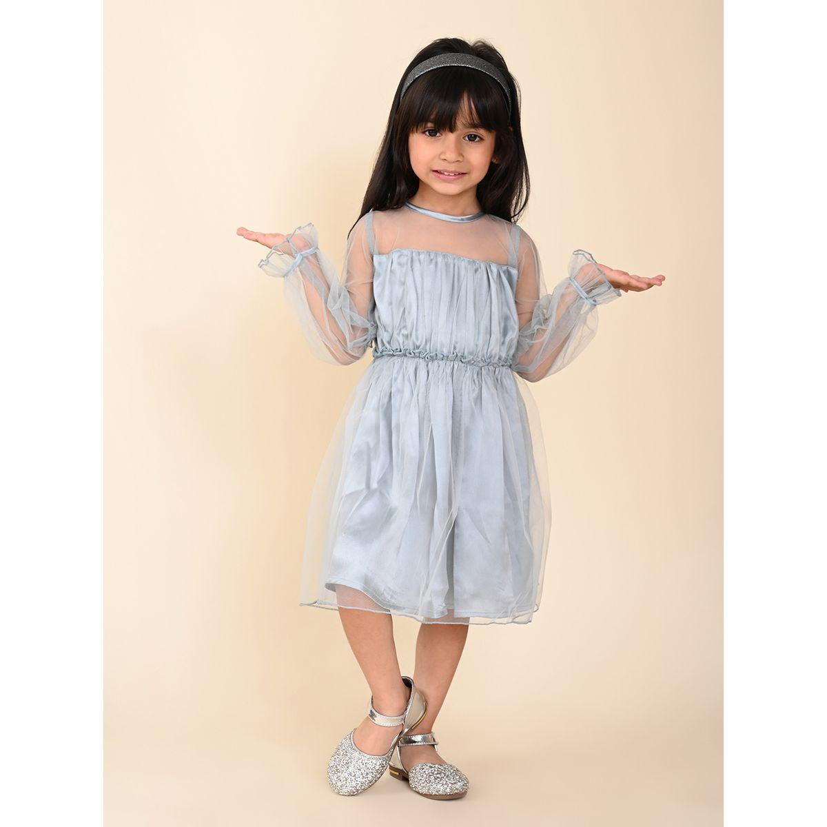 فستان ساتان بكسرات وتفاصيل شبكية ليل بيكس × ستايلي-girls-clothing-dressesandjumpsuits-image-5