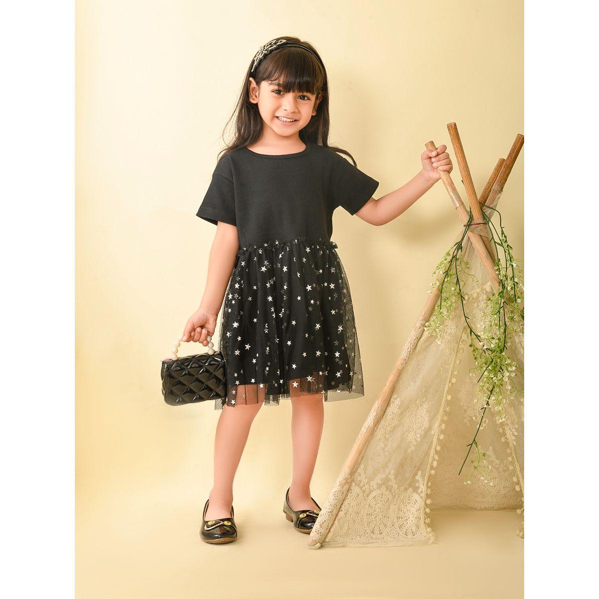 LilPicks X Styli  Star Foil Print Mesh Insert Dropwaist Dress-girls-clothing-dressesandjumpsuits-image-1