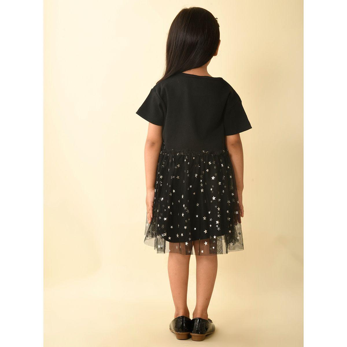 LilPicks X Styli  Star Foil Print Mesh Insert Dropwaist Dress-girls-clothing-dressesandjumpsuits-image-2