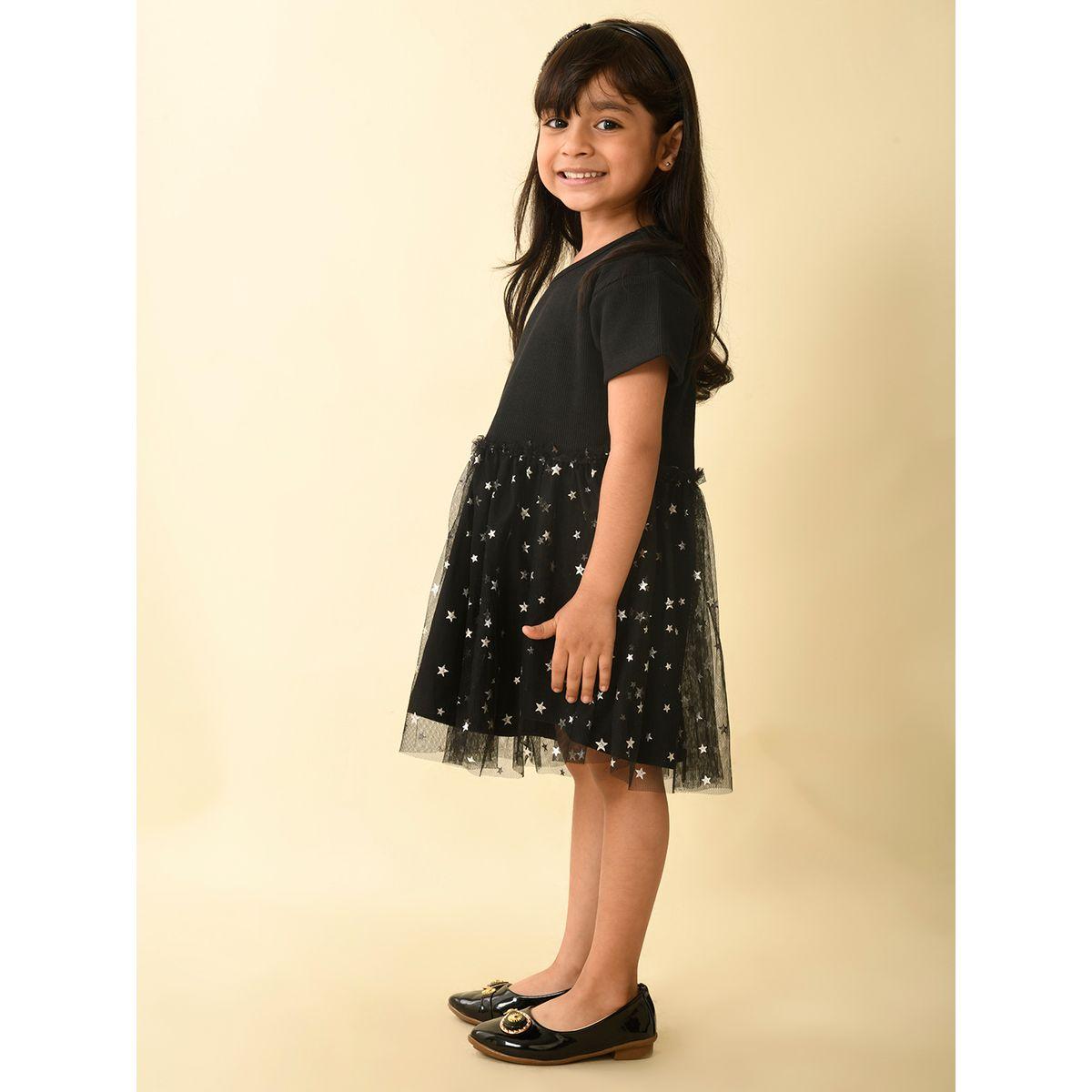 LilPicks X Styli  Star Foil Print Mesh Insert Dropwaist Dress-girls-clothing-dressesandjumpsuits-image-3
