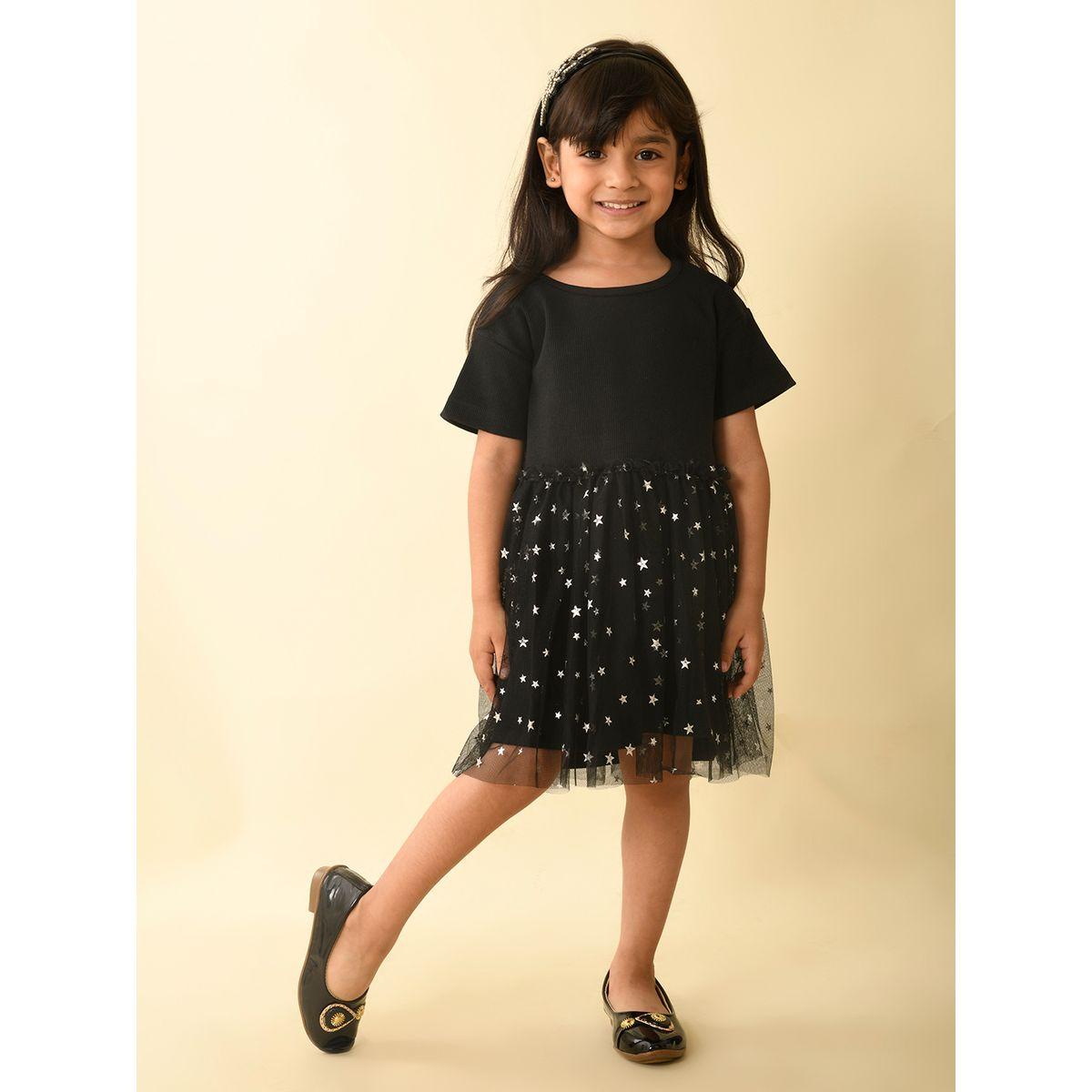 LilPicks X Styli  Star Foil Print Mesh Insert Dropwaist Dress-girls-clothing-dressesandjumpsuits-image-4