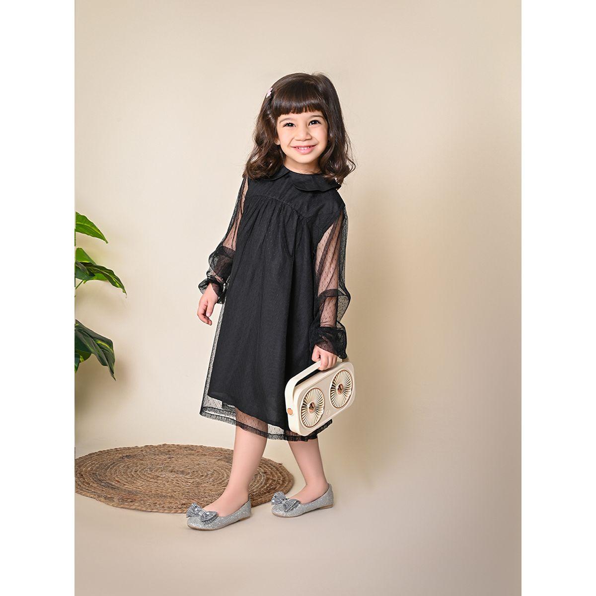 LilPicks X Styli  Dobby Mesh Insert Peter Pan Collar Dress-girls-clothing-dressesandjumpsuits-image-1