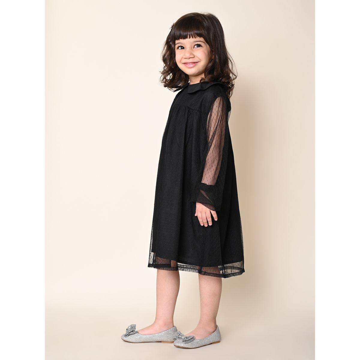 LilPicks X Styli  Dobby Mesh Insert Peter Pan Collar Dress-girls-clothing-dressesandjumpsuits-image-5