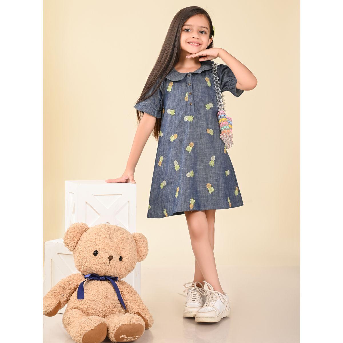 LilPicks X Styli  Pineapple Embroidered Peter Pan Collar Denim Dress-girls-clothing-dressesandjumpsuits-image-1