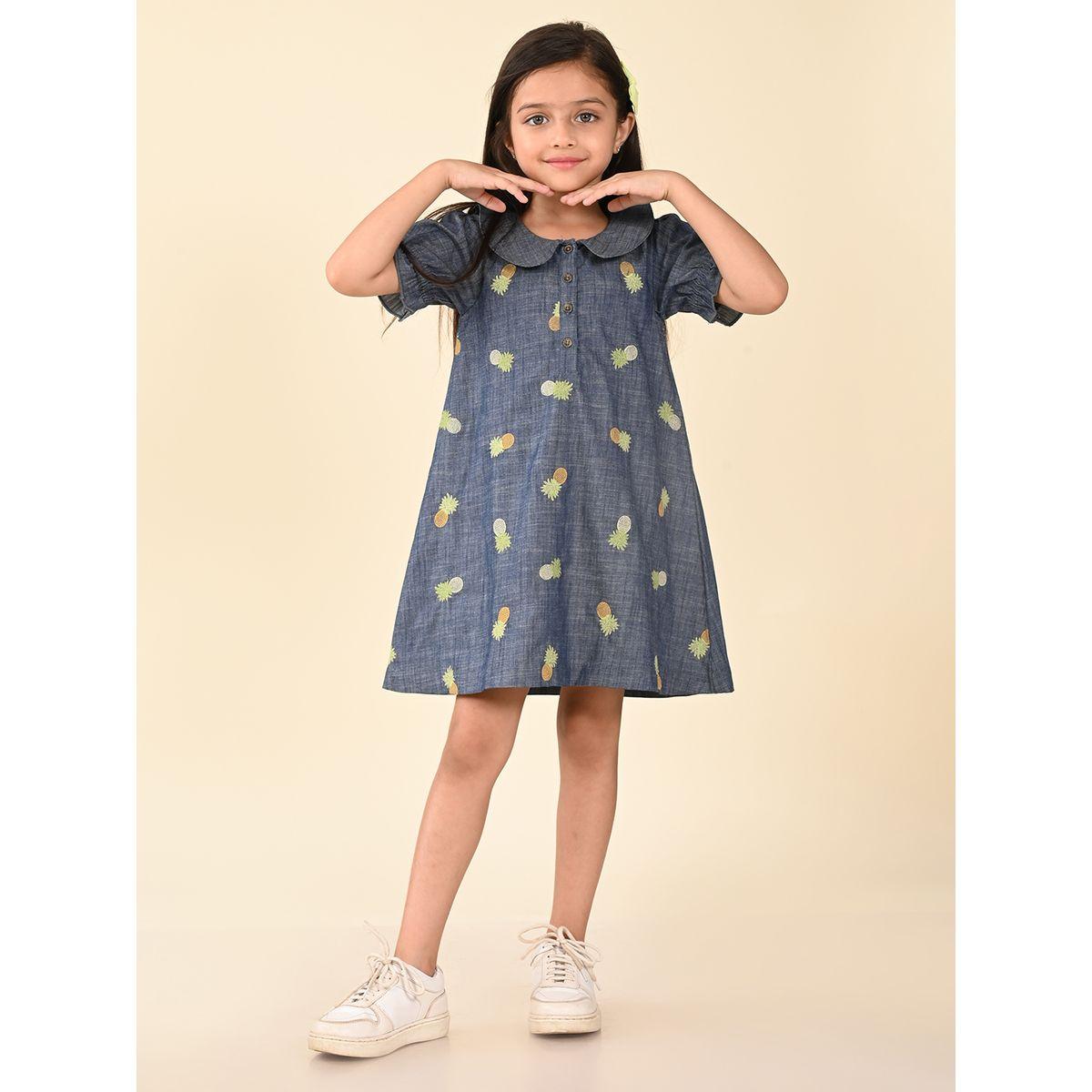 LilPicks X Styli  Pineapple Embroidered Peter Pan Collar Denim Dress-girls-clothing-dressesandjumpsuits-image-2