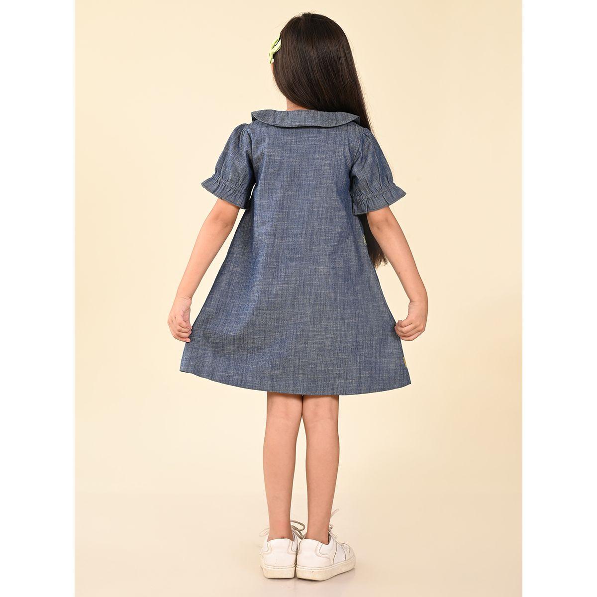 LilPicks X Styli  Pineapple Embroidered Peter Pan Collar Denim Dress-girls-clothing-dressesandjumpsuits-image-3