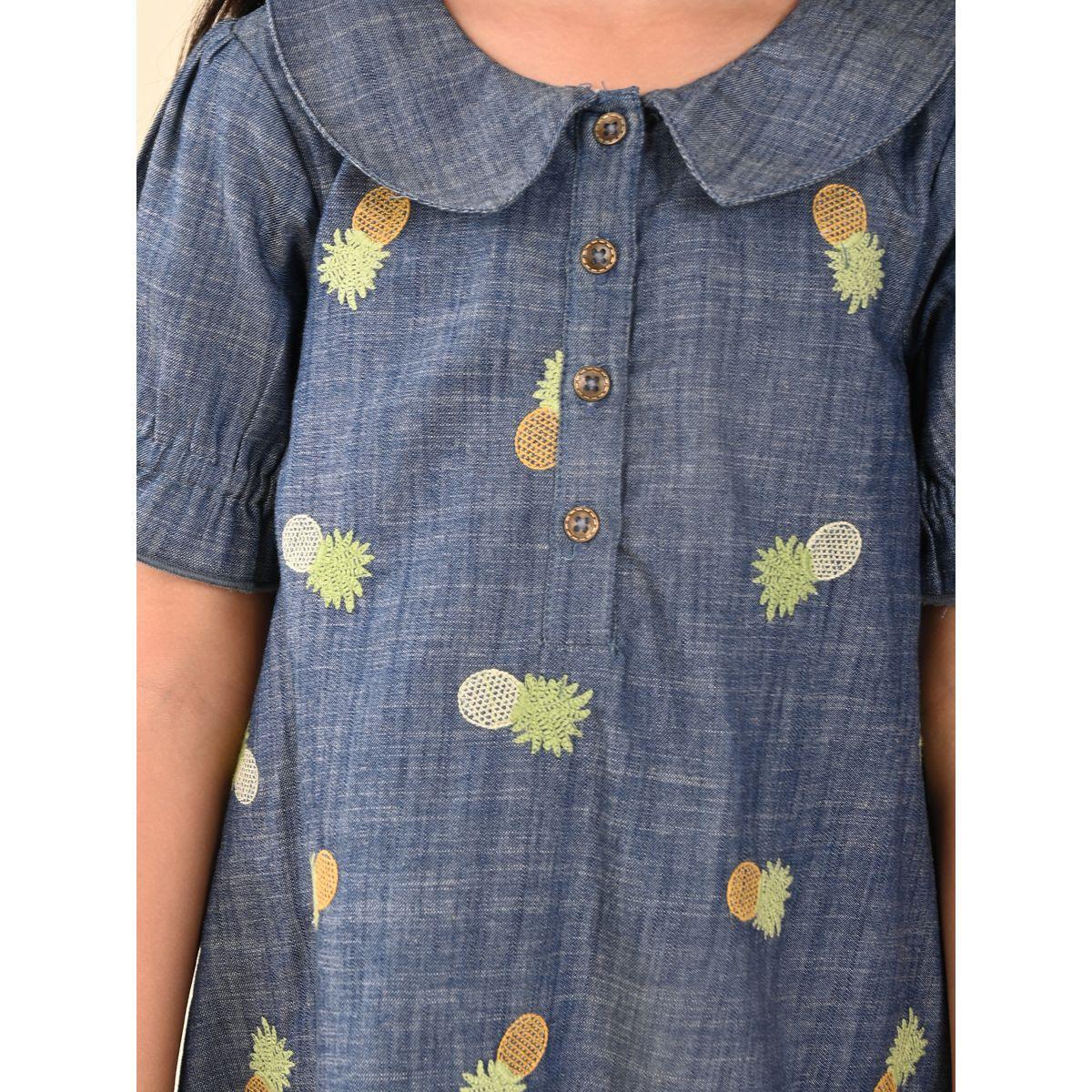 LilPicks X Styli  Pineapple Embroidered Peter Pan Collar Denim Dress-girls-clothing-dressesandjumpsuits-image-4
