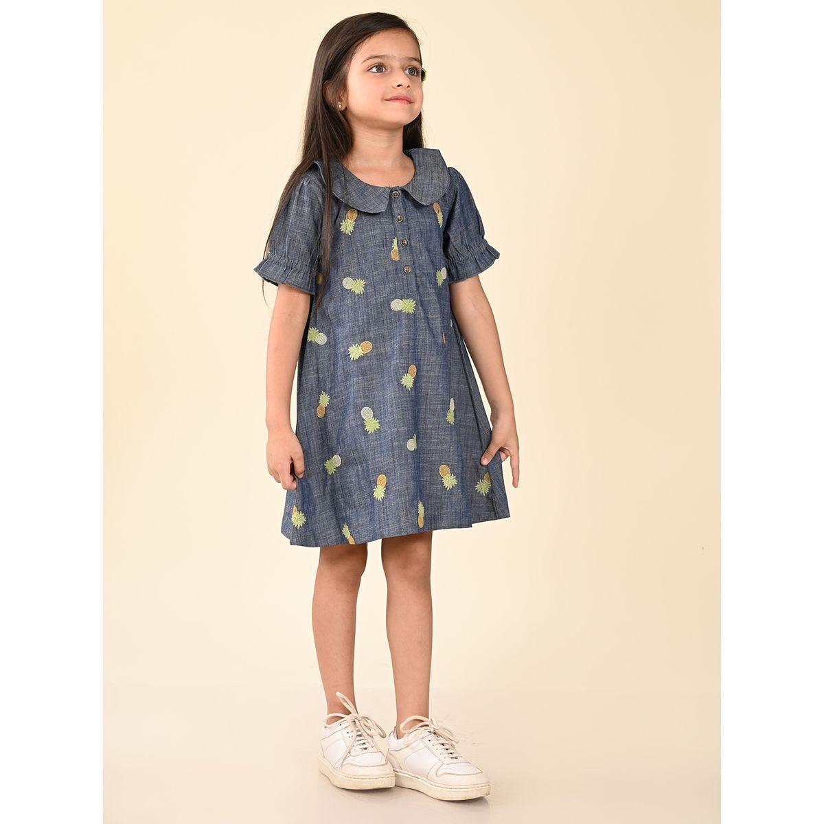 LilPicks X Styli  Pineapple Embroidered Peter Pan Collar Denim Dress-girls-clothing-dressesandjumpsuits-image-5
