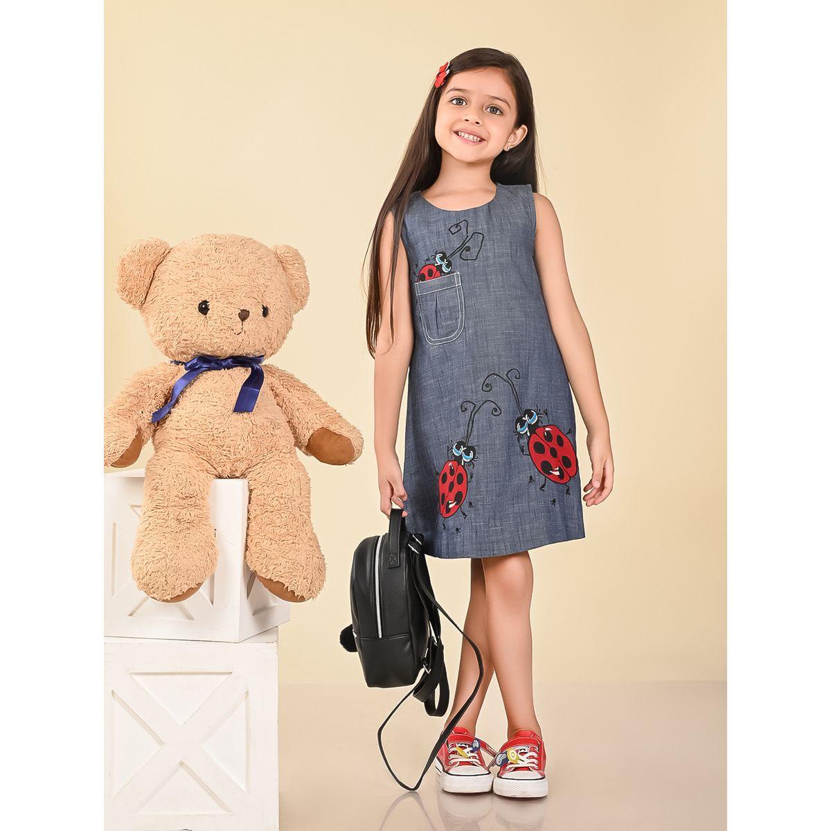 LilPicks X Styli  Bug Printed Pocket Detail Denim Shift Dress-girls-clothing-dressesandjumpsuits-image-1