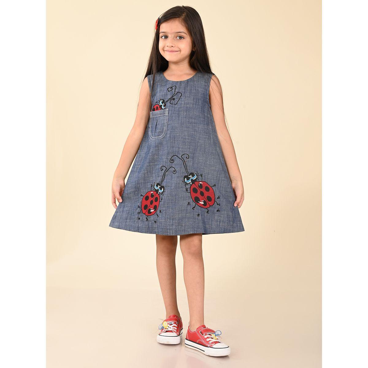 LilPicks X Styli  Bug Printed Pocket Detail Denim Shift Dress-girls-clothing-dressesandjumpsuits-image-4