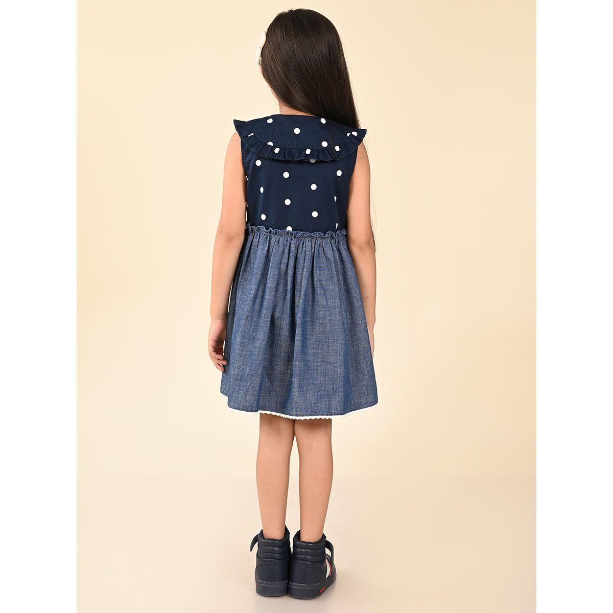 فستان دنيم بياقة بيتر بان ومطبع بنقاط بولكا ليل بيكس × ستايلي-girls-clothing-dressesandjumpsuits-image-2