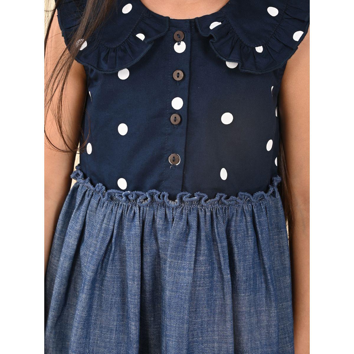 فستان دنيم بياقة بيتر بان ومطبع بنقاط بولكا ليل بيكس × ستايلي-girls-clothing-dressesandjumpsuits-image-3
