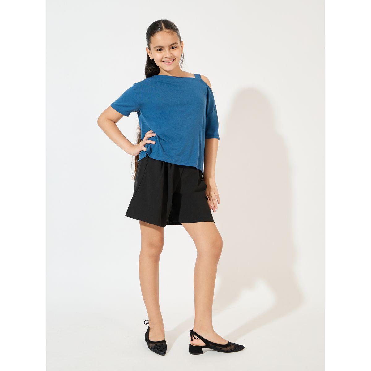 Styli Asymmetrical Neck Top & Wide Leg Shorts Set-girls-clothing-setsandcoords-image-1
