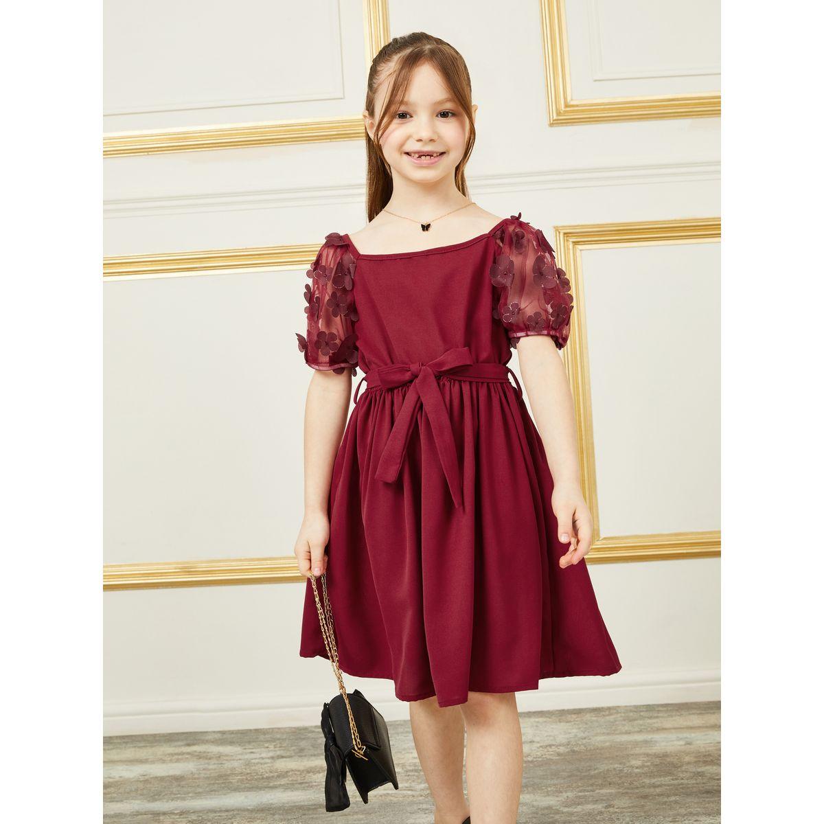 Styli Applique Mesh Puff Sleeve A-Line Dress with Self Tie Up-girls-clothing-dressesandjumpsuits-image-1