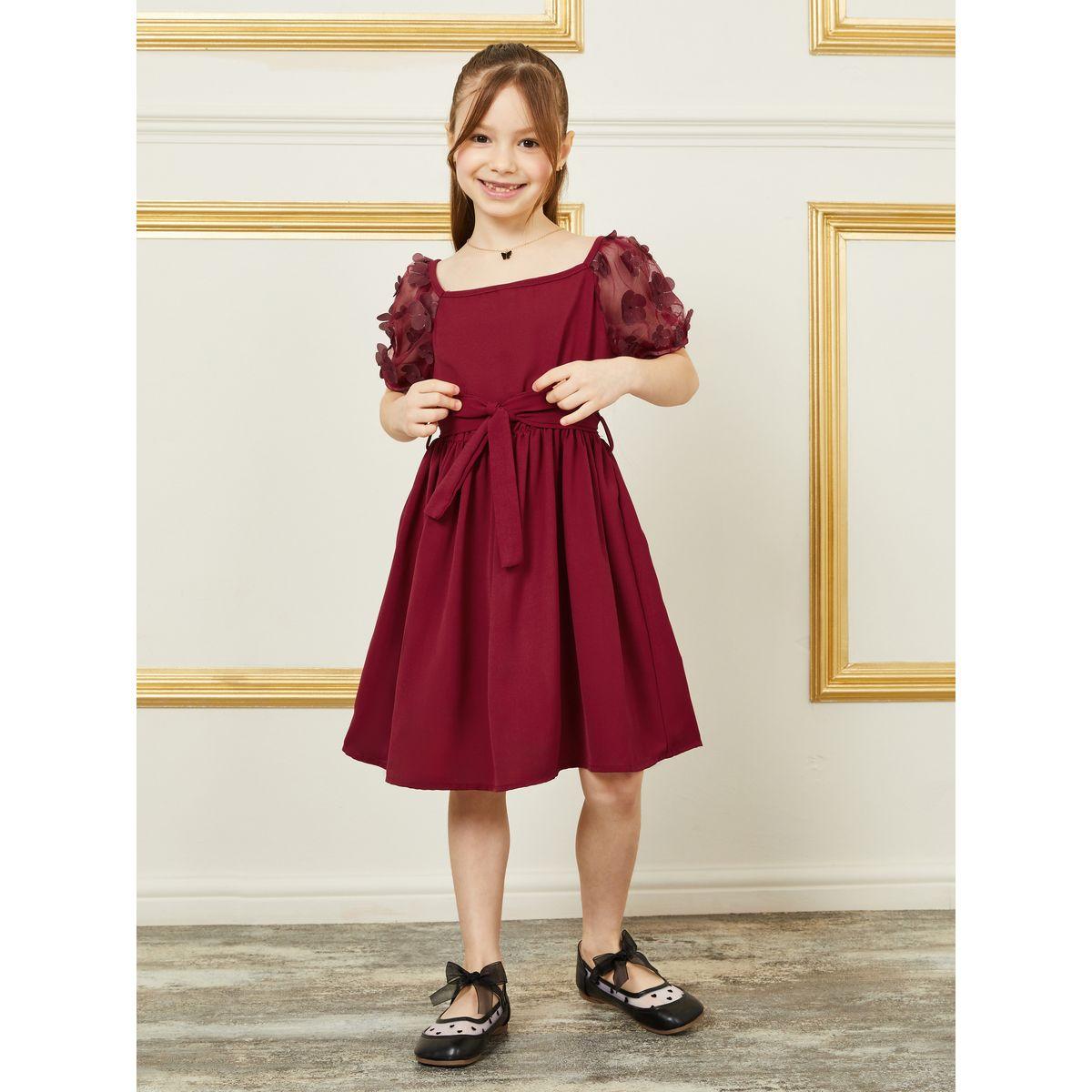Styli Applique Mesh Puff Sleeve A-Line Dress with Self Tie Up-girls-clothing-dressesandjumpsuits-image-2