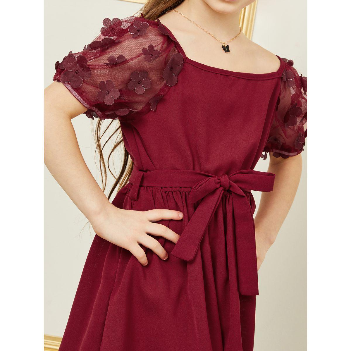 Styli Applique Mesh Puff Sleeve A-Line Dress with Self Tie Up-girls-clothing-dressesandjumpsuits-image-3