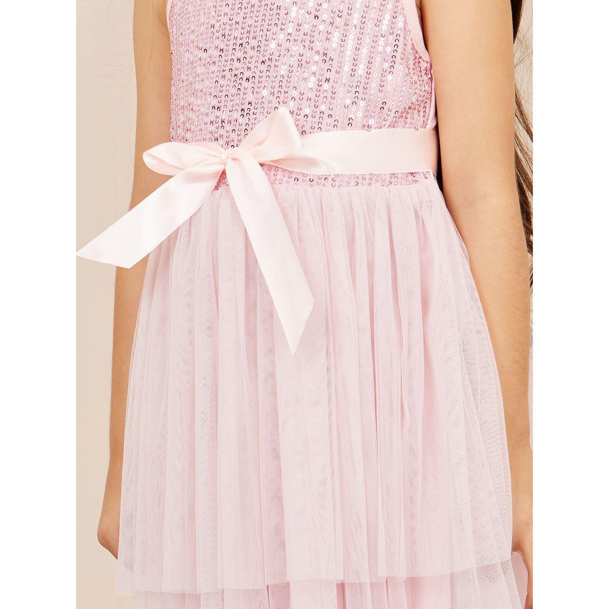 Styli Sequin Detail Bow Applique A-Line Mesh Dress with Tie Up-girls-clothing-dressesandjumpsuits-image-3