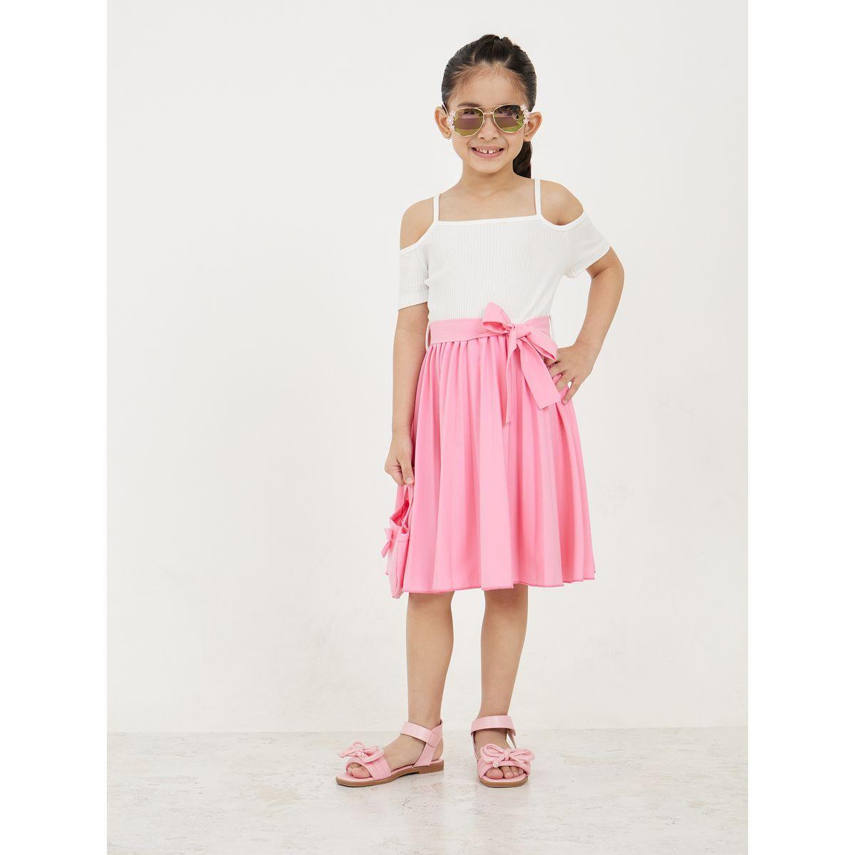 Styli Colorblock Cold Shoulder Pleated Hem A-Line Dress-girls-clothing-dressesandjumpsuits-image-1