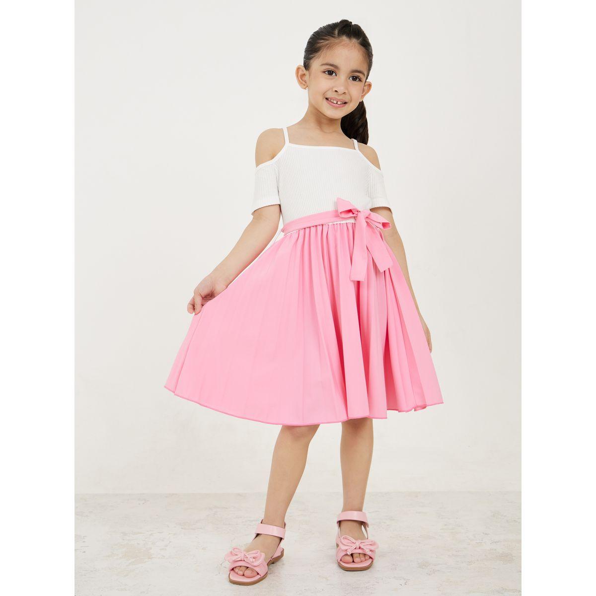 Styli Colorblock Cold Shoulder Pleated Hem A-Line Dress-girls-clothing-dressesandjumpsuits-image-2