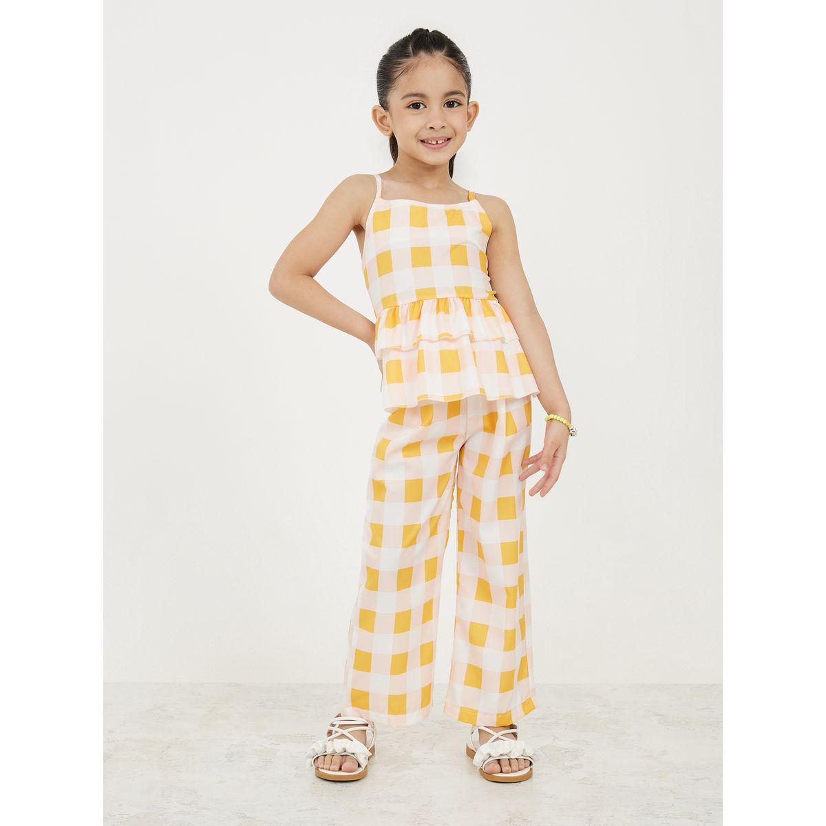 Styli Checked Layer Hem Peplum Top & Wide Leg Pant Set-girls-clothing-setsandcoords-image-1