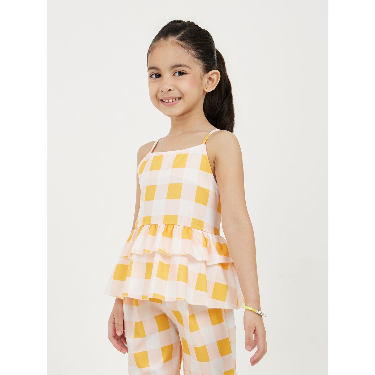 Styli Checked Layer Hem Peplum Top & Wide Leg Pant Set-girls-clothing-setsandcoords-image-2