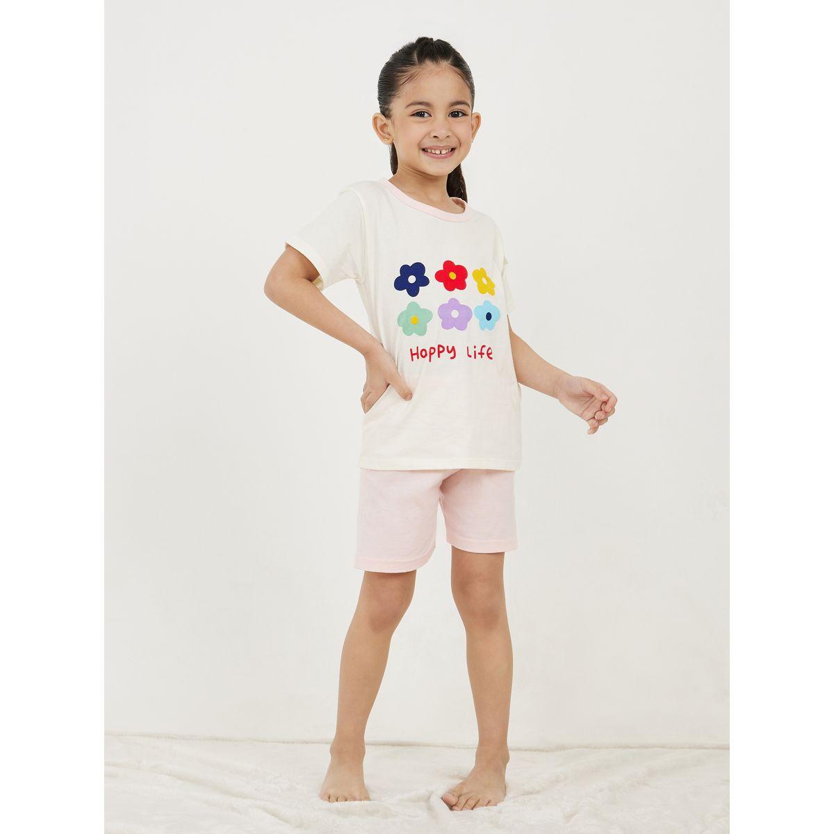 Styli Flower Graphic Print T-Shirt with Short Sleeves & Shorts Set-girls-clothing-nightwear-image-1