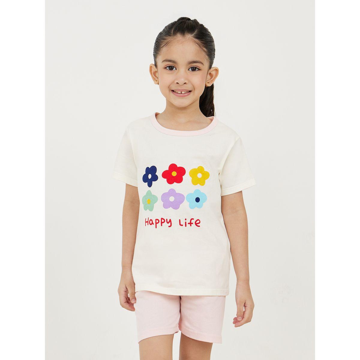 Styli Flower Graphic Print T-Shirt with Short Sleeves & Shorts Set-girls-clothing-nightwear-image-2