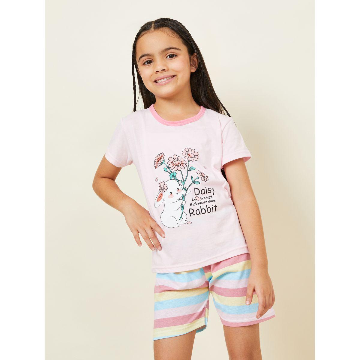 Styli Graphic Print T-Shirt & Striped Shorts Set-girls-clothing-nightwear-image-2