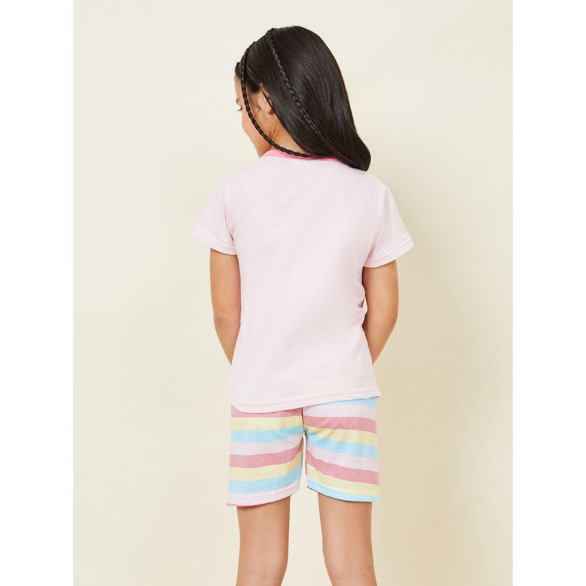 Styli Graphic Print T-Shirt & Striped Shorts Set-girls-clothing-nightwear-image-4