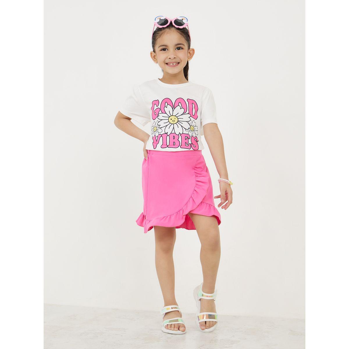 Styli Good Vibes Print T-Shirt & Ruffle Trim Skirt Set-girls-clothing-setsandcoords-image-1