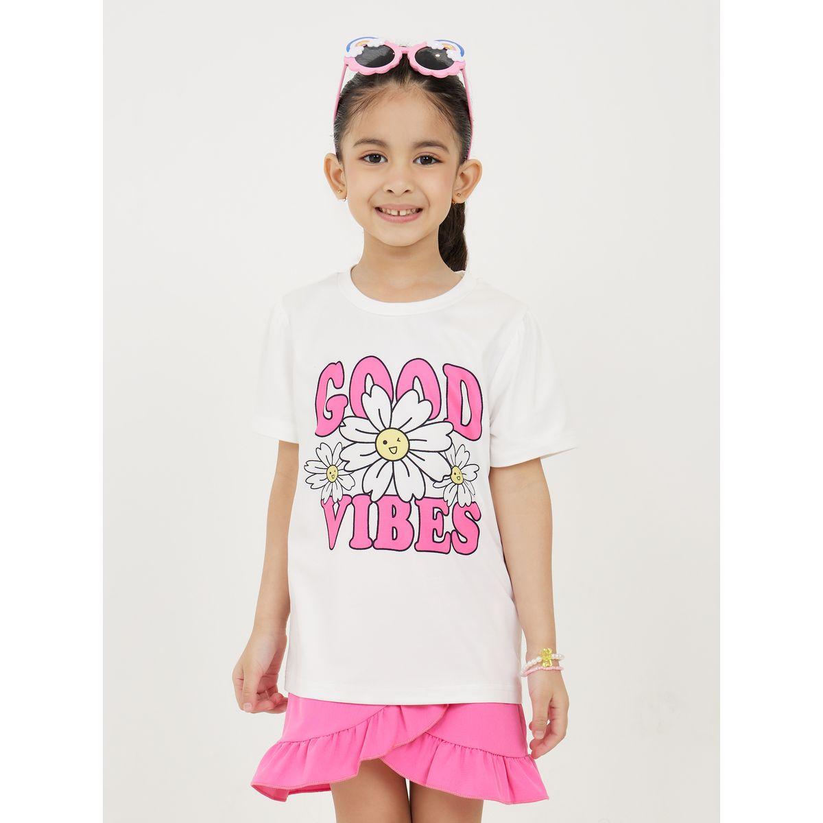 Styli Good Vibes Print T-Shirt & Ruffle Trim Skirt Set-girls-clothing-setsandcoords-image-2