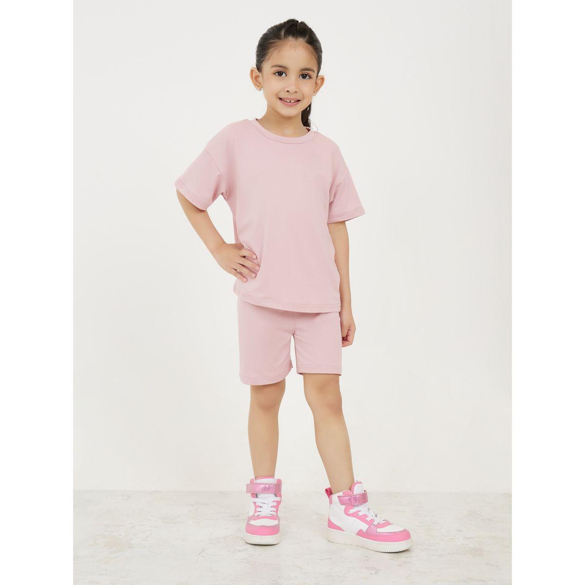 Styli Solid Drop Shoulder T-Shirt & Shorts Set-girls-clothing-setsandcoords-image-1