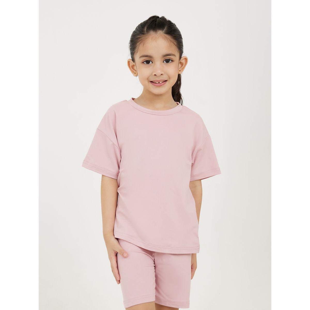 مجموعة من شورت وتيشيرت سادة باكتاف منخفضة-girls-clothing-setsandcoords-image-2