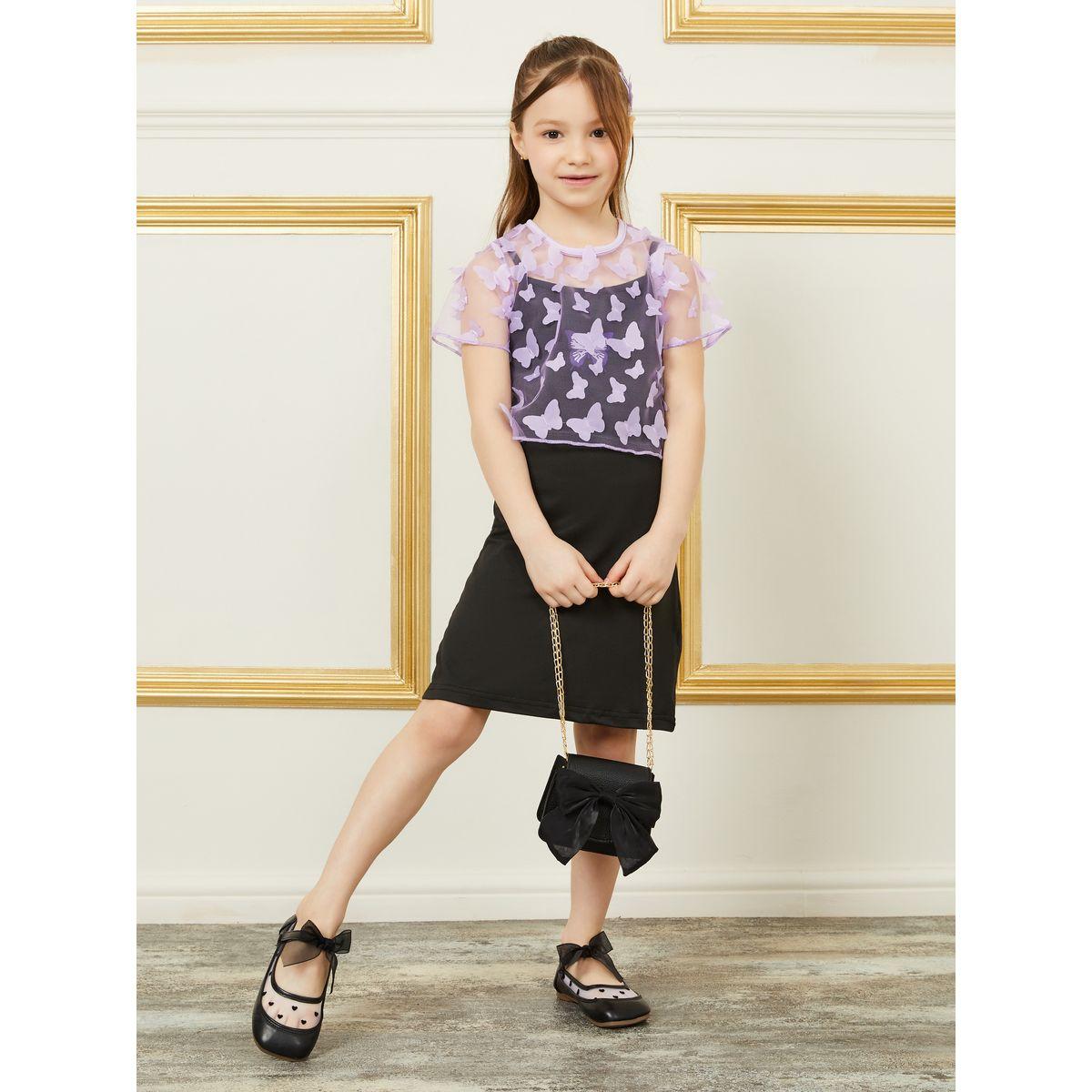 Styli Butterfly Applique Crop Top and Cami Dress Set-girls-clothing-setsandcoords-image-1