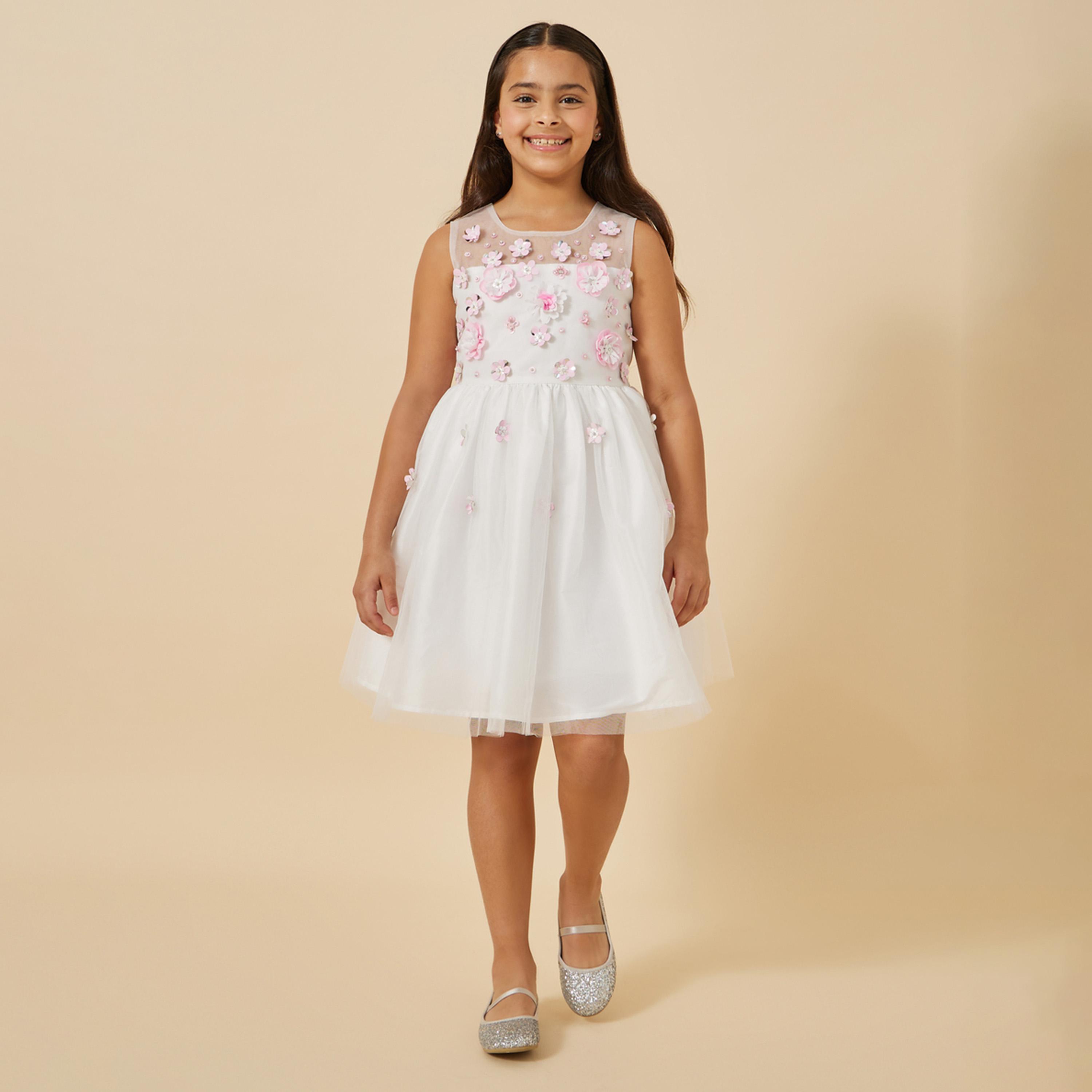 Styli Mesh Insert Flowers Corsage Sleeveless Dress-girls-clothing-dressesandjumpsuits-image-1