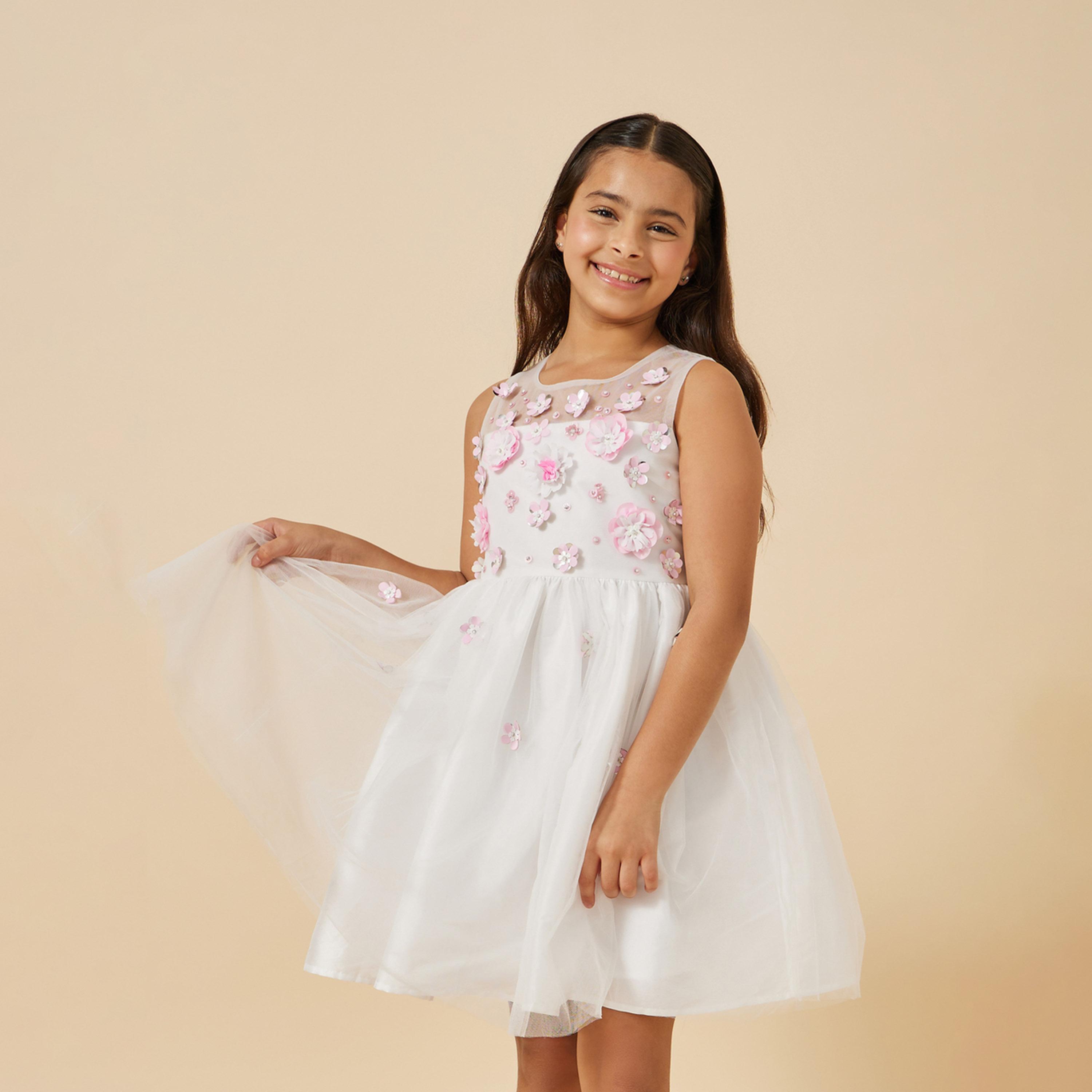 Styli Mesh Insert Flowers Corsage Sleeveless Dress-girls-clothing-dressesandjumpsuits-image-3
